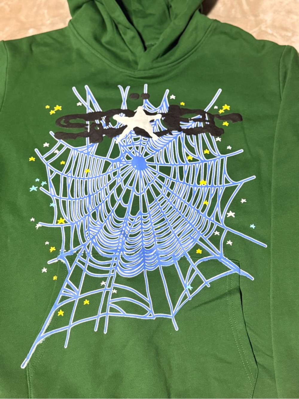 Green Kids Hoodie with Blue Spiderweb Graphic